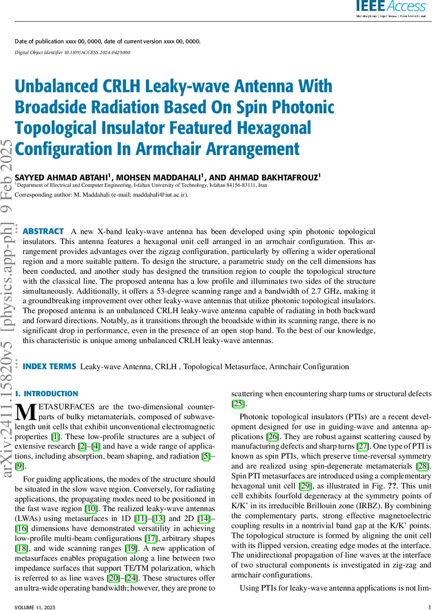 Unbalanced CRLH Leaky-wave Antenna With Broadside Radiation Based On Spin Photonic Topological Insulator Featured Hexagonal Configuration In Armchair Arrangement