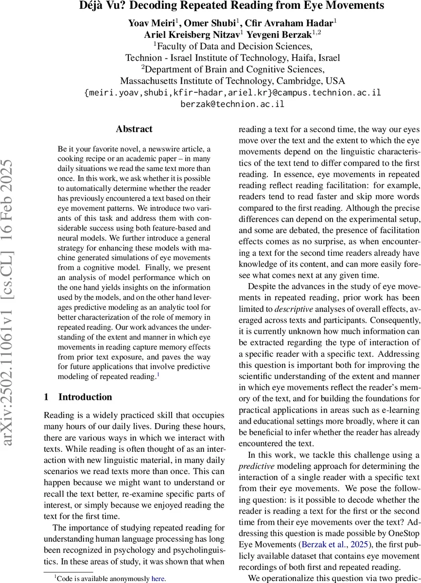 Déjà Vu? Decoding Repeated Reading from Eye Movements