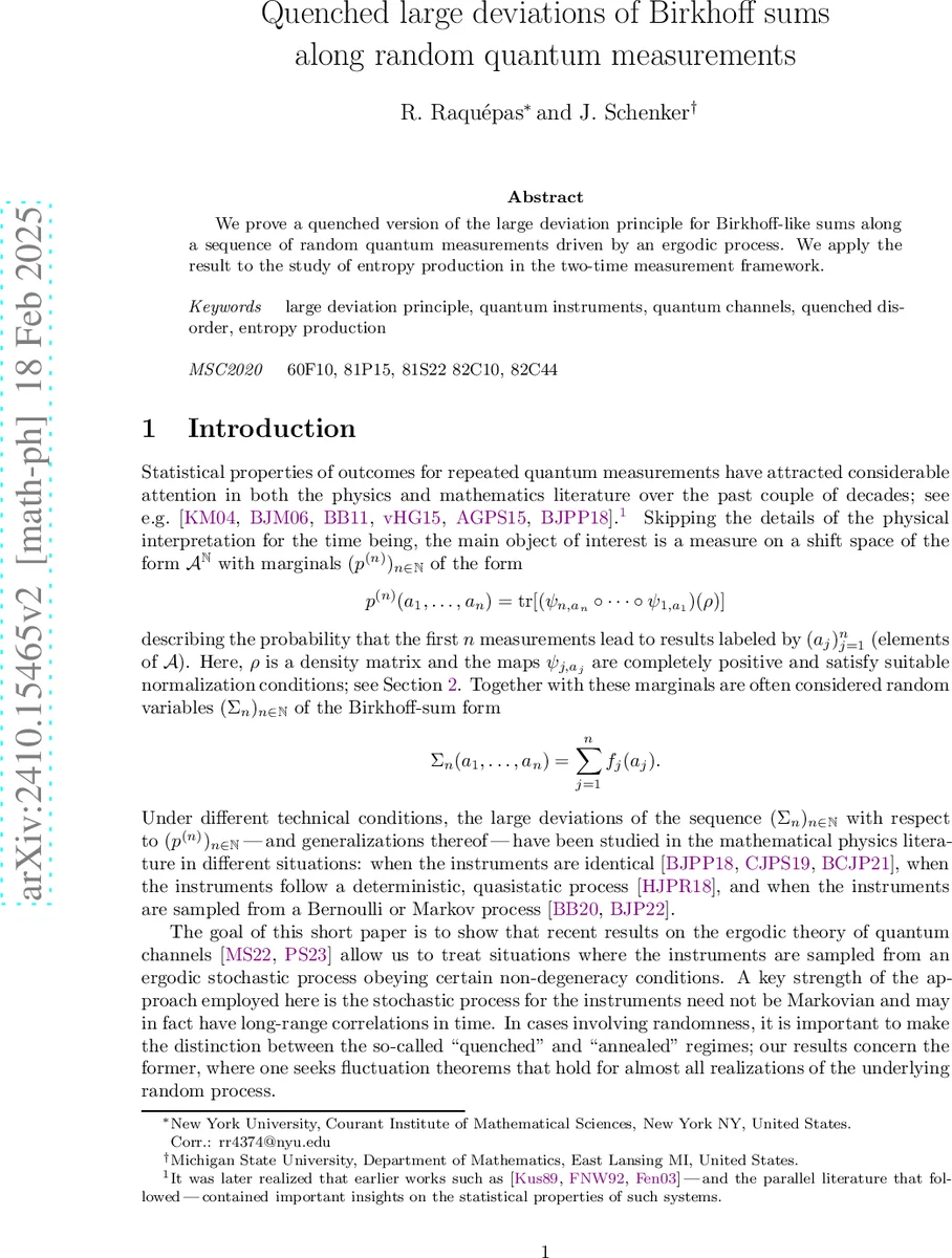 Quenched large deviations of Birkhoff sums along random quantum measurements