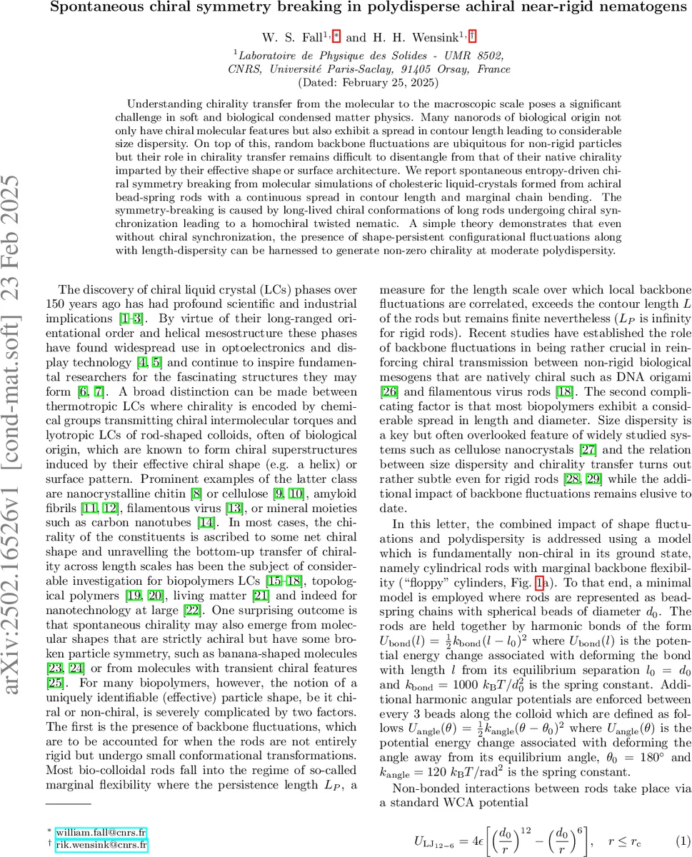 Spontaneous Chiral Symmetry Breaking in Polydisperse Achiral Near-Rigid Nematogens