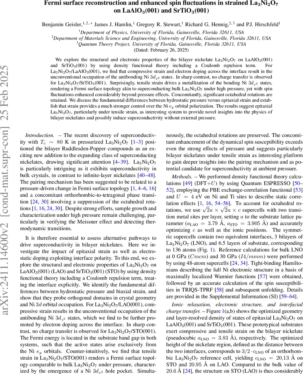 Fermi surface reconstruction and enhanced spin fluctuations in strained La$_3$Ni$_2$O$_{7}$ on LaAlO$_3$(001) and SrTiO$_3$(001)