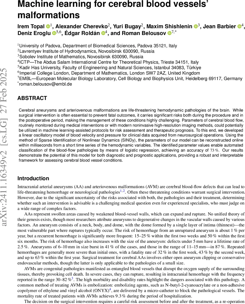 Machine learning for cerebral blood vessels' malformations