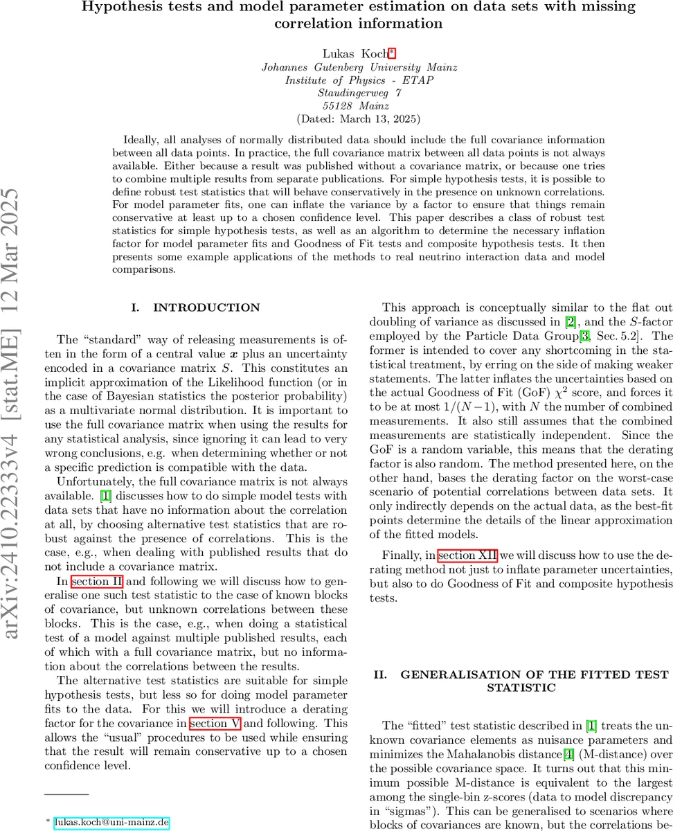 Hypothesis tests and model parameter estimation on data sets with missing correlation information