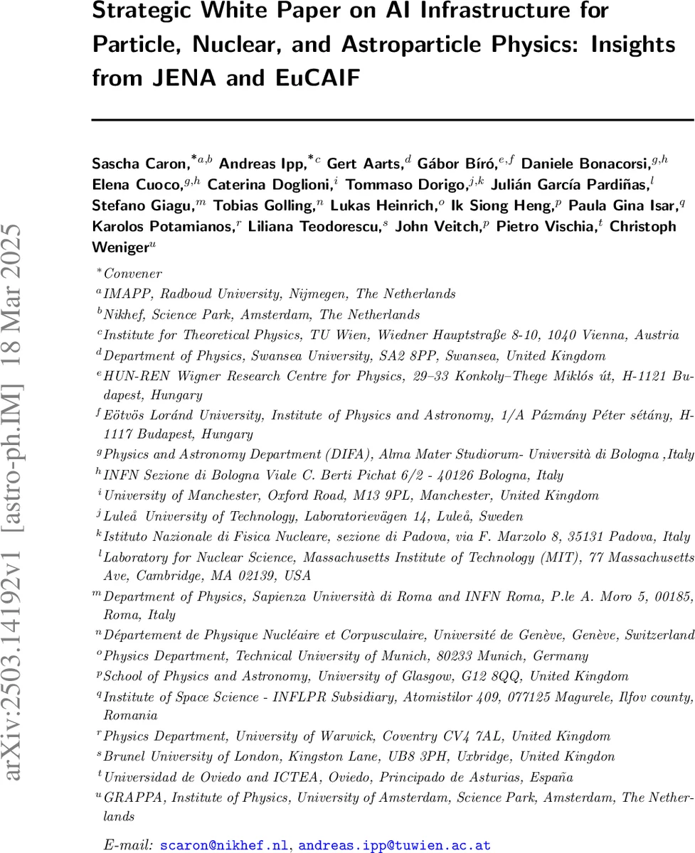Strategic White Paper on AI Infrastructure for Particle, Nuclear, and Astroparticle Physics: Insights from JENA and EuCAIF