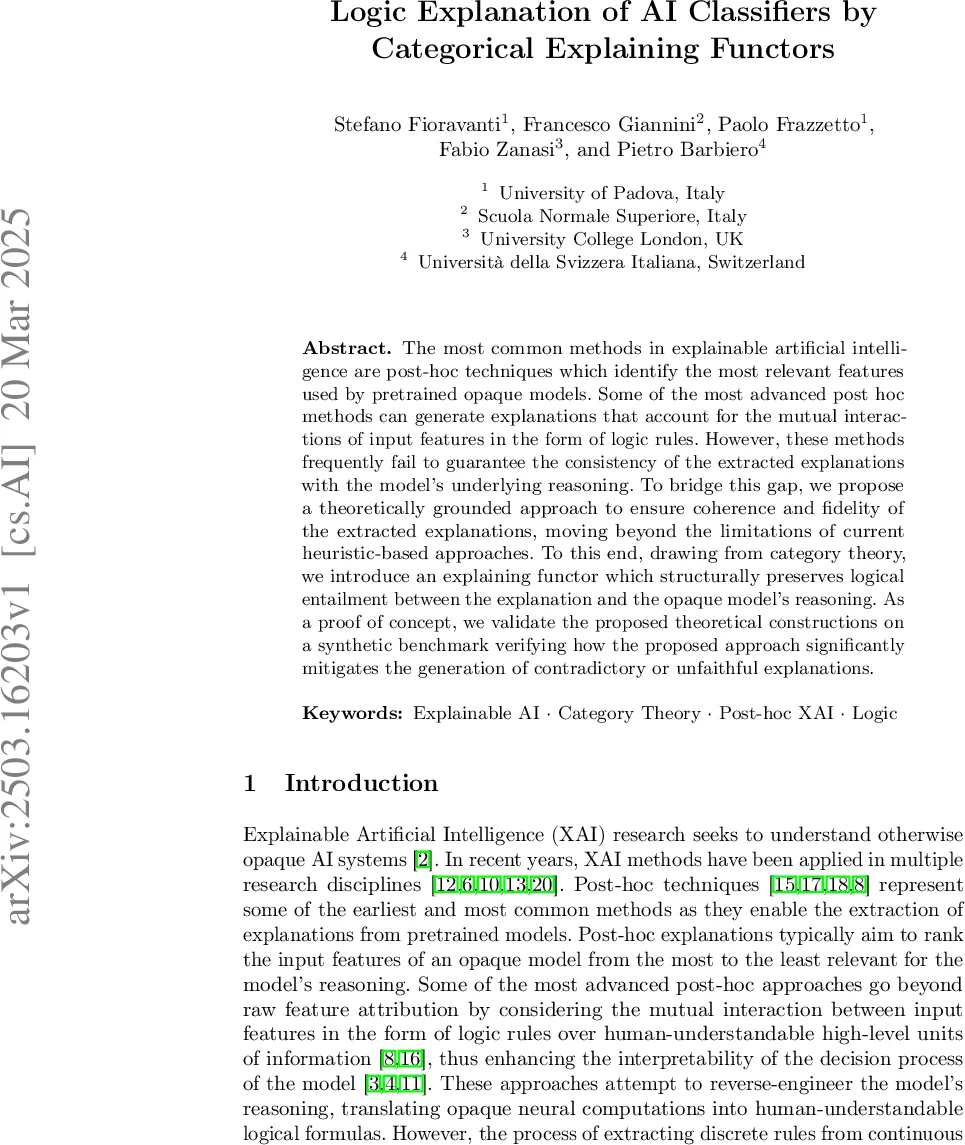 Logic Explanation of AI Classifiers by Categorical Explaining Functors