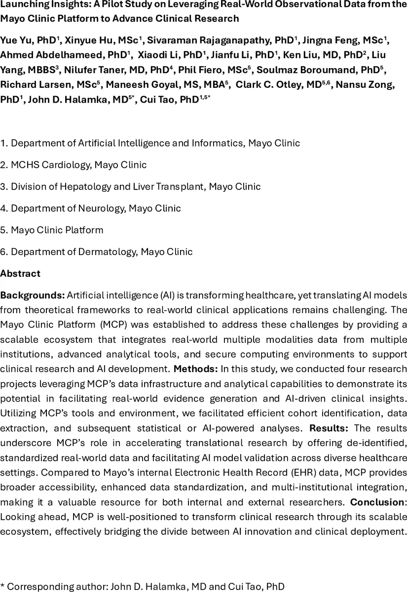 Launching Insights: A Pilot Study on Leveraging Real-World Observational Data from the Mayo Clinic Platform to Advance Clinical Research