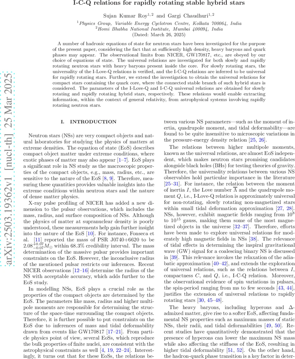 I-C-Q relations for rapidly rotating stable hybrid stars