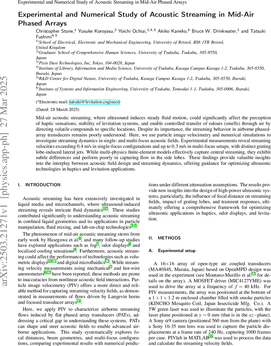 Experimental and Numerical Study of Acoustic Streaming in Mid-Air Phased Arrays
