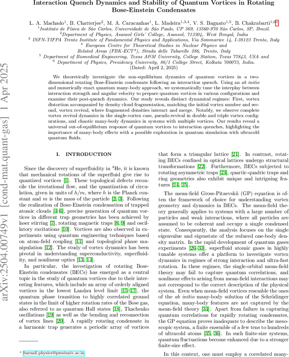 Interaction Quench Dynamics and Stability of Quantum Vortices in Rotating Bose-Einstein Condensates