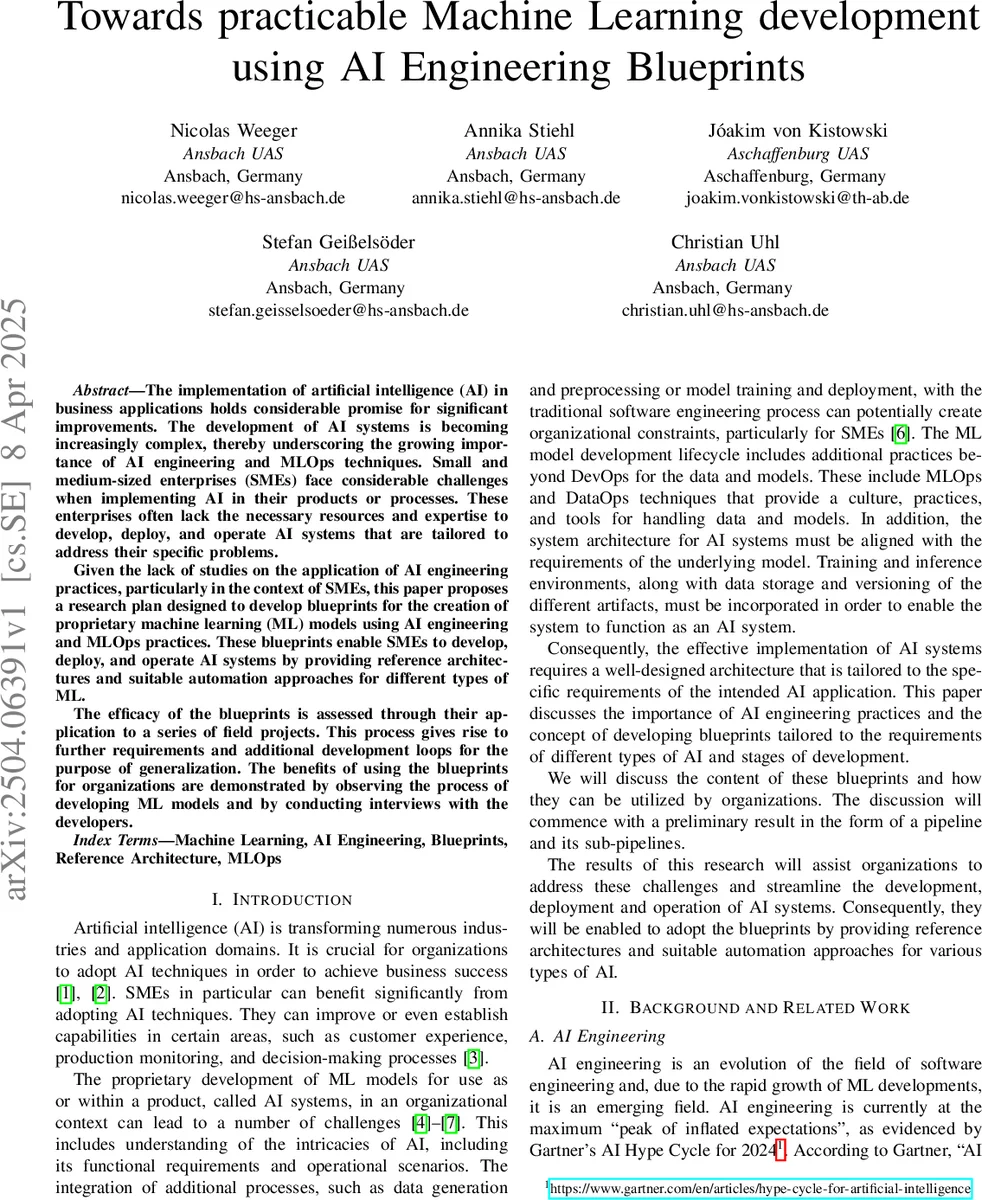 Towards practicable Machine Learning development using AI Engineering Blueprints