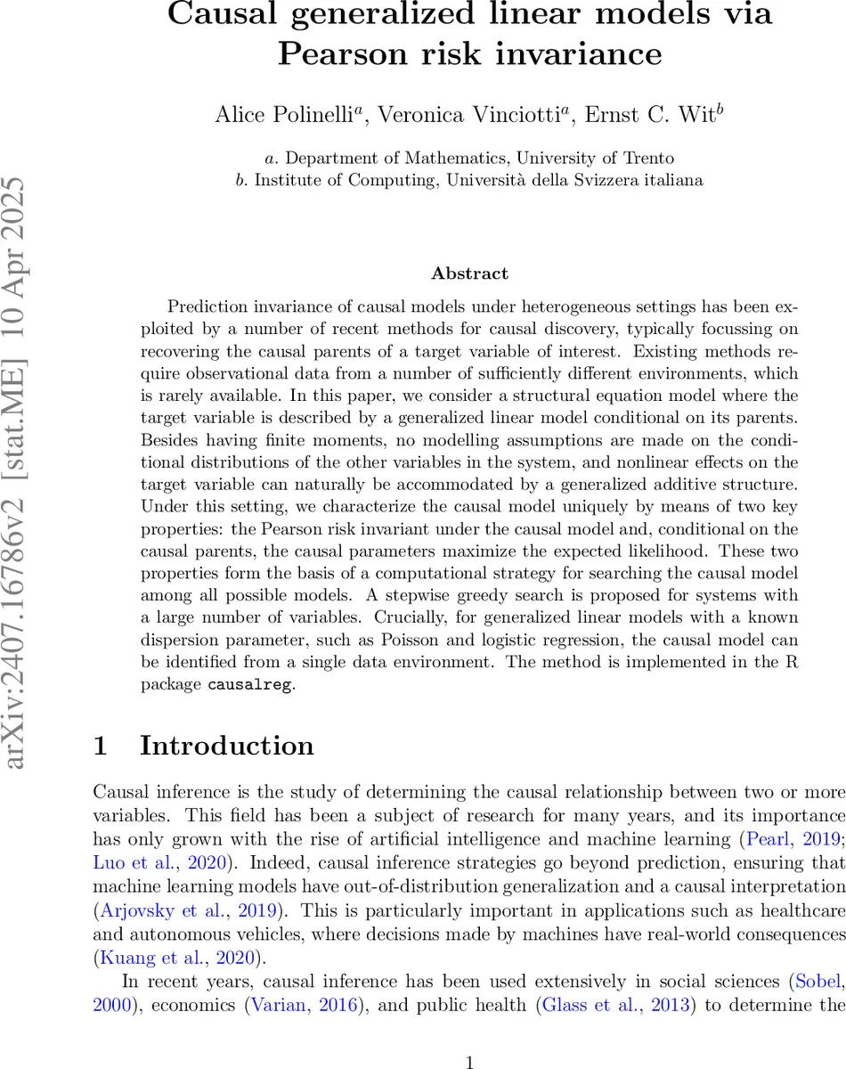 Causal generalized linear models via Pearson risk invariance