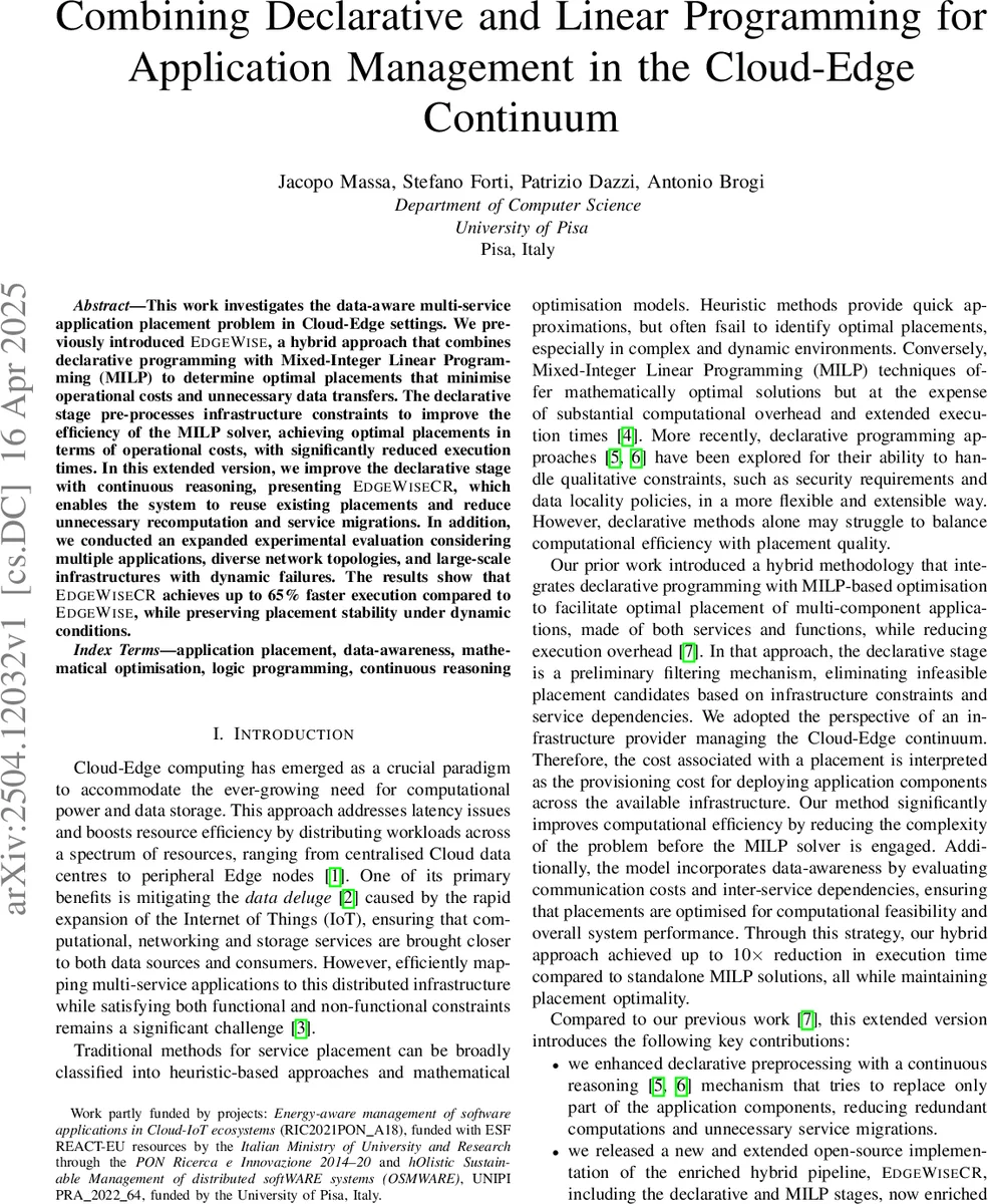 Combining Declarative and Linear Programming for Application Management in the Cloud-Edge Continuum