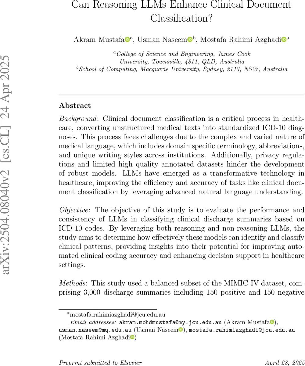 Can Reasoning LLMs Enhance Clinical Document Classification?