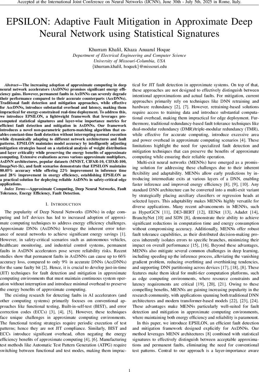 EPSILON: Adaptive Fault Mitigation in Approximate Deep Neural Network using Statistical Signatures
