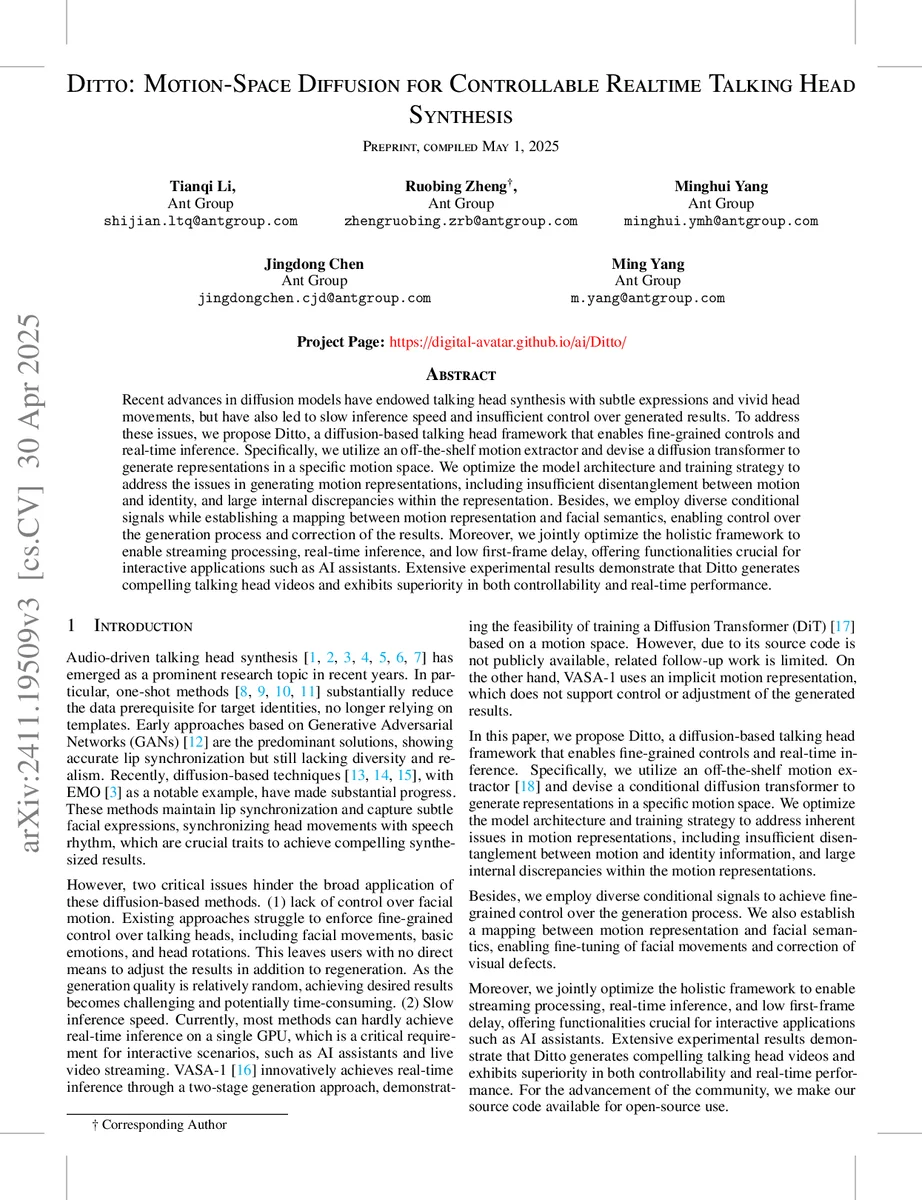 Ditto: Motion-Space Diffusion for Controllable Realtime Talking Head Synthesis