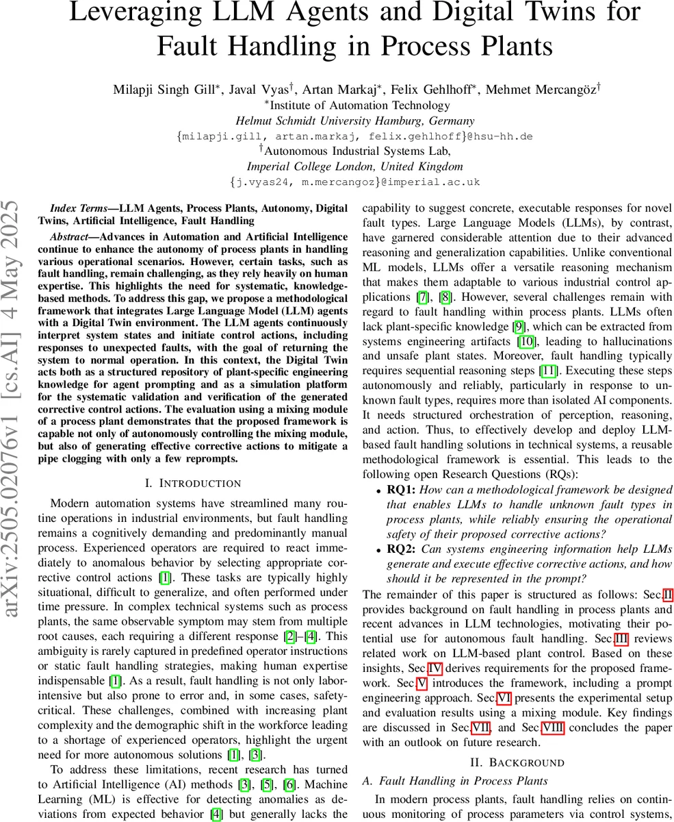 Leveraging LLM Agents and Digital Twins for Fault Handling in Process Plants