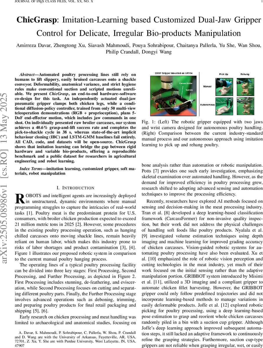 ChicGrasp: Imitation-Learning based Customized Dual-Jaw Gripper Control for Delicate, Irregular Bio-products Manipulation