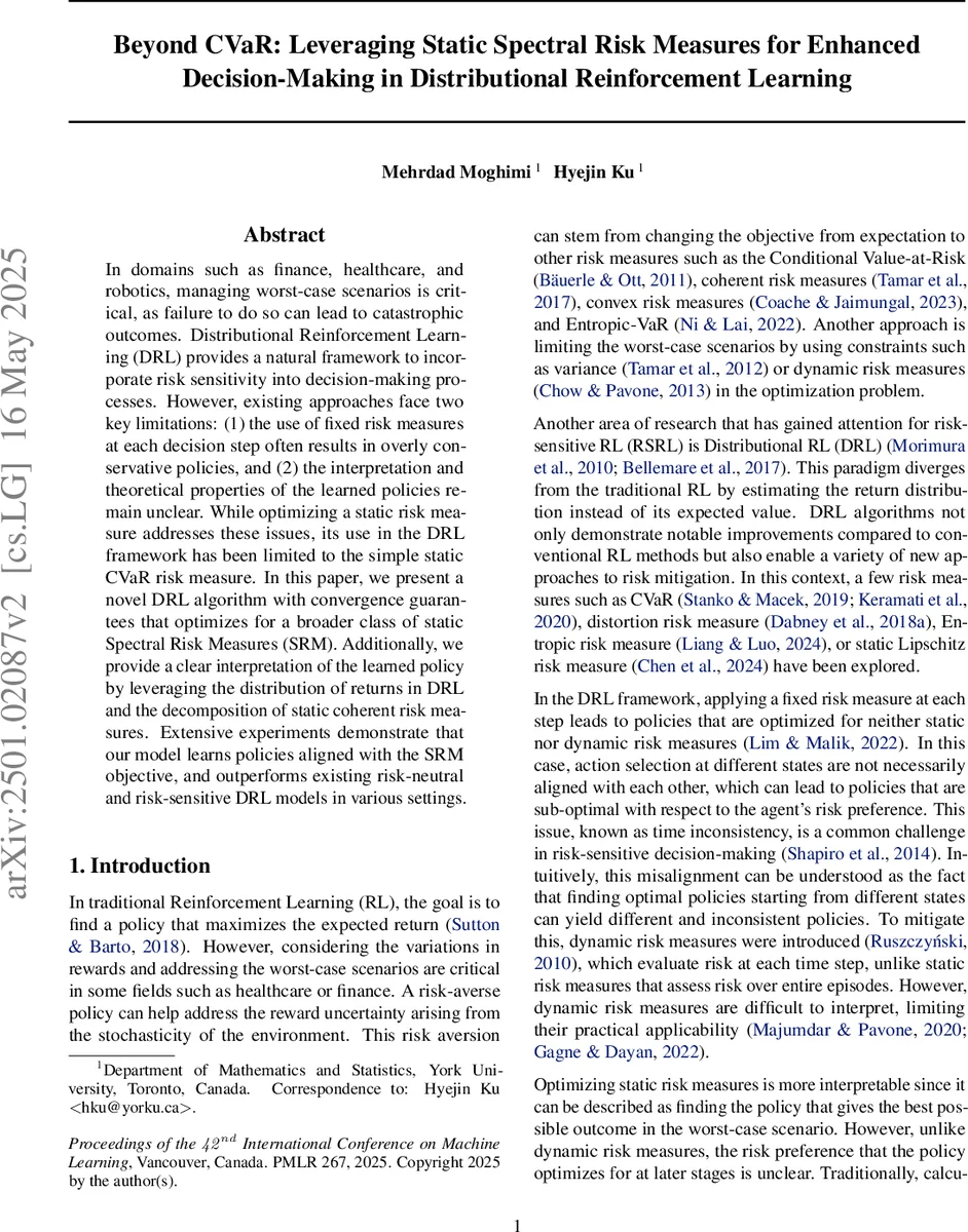 Beyond CVaR: Leveraging Static Spectral Risk Measures for Enhanced Decision-Making in Distributional Reinforcement Learning