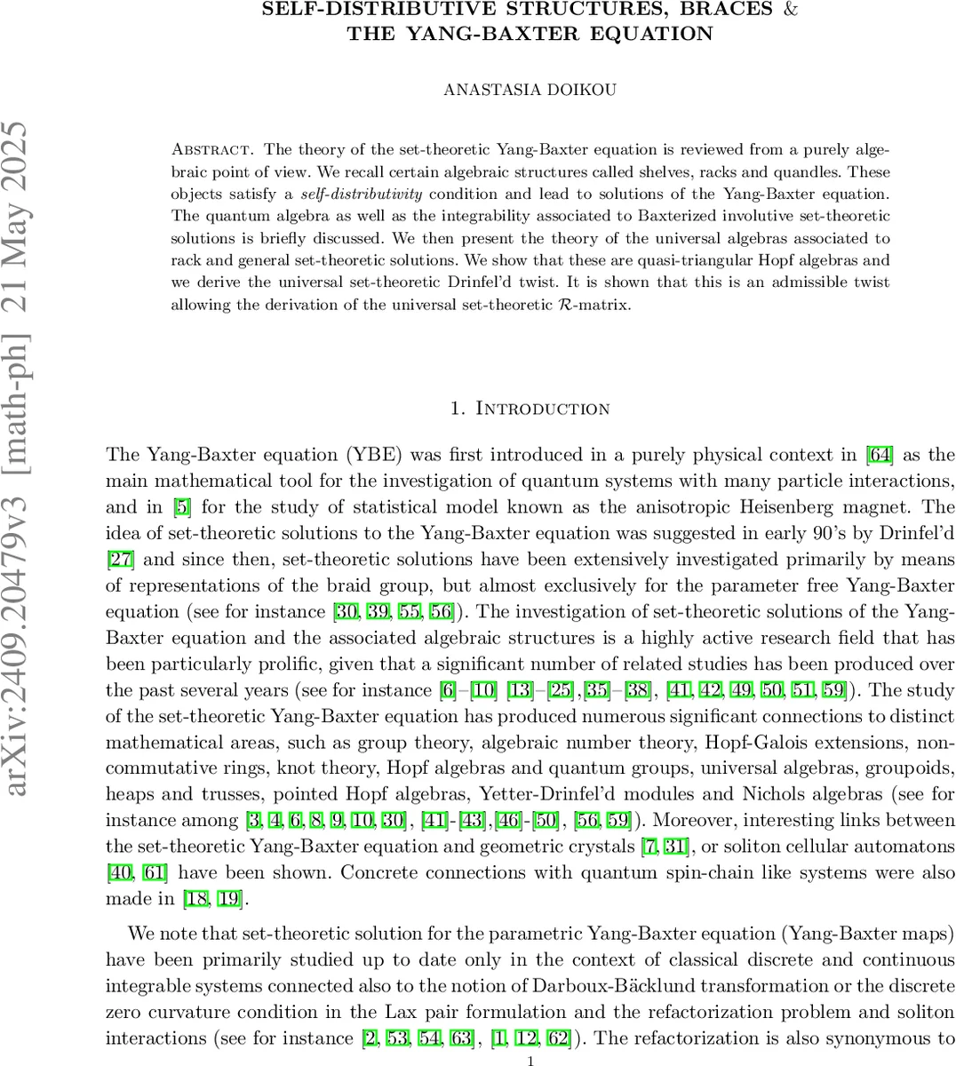 Self-distributive structures, braces & the Yang-Baxter equation