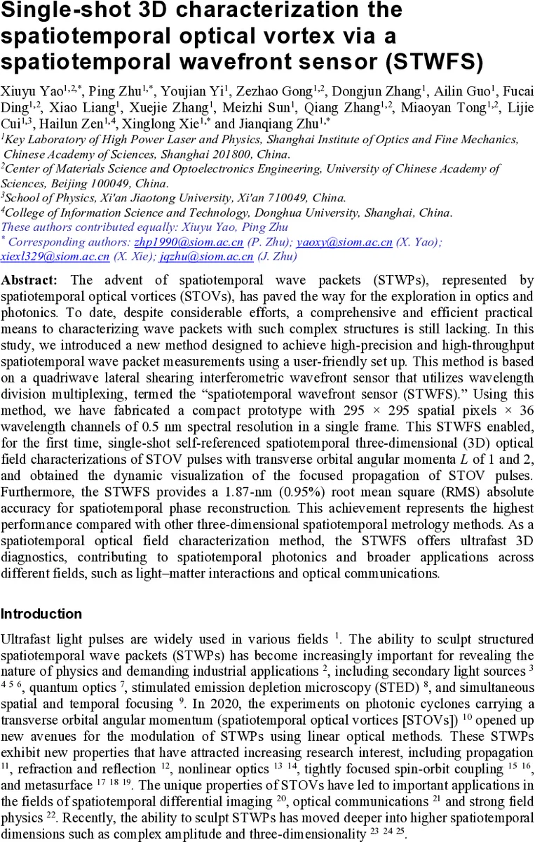 Single-shot 3D characterization the spatiotemporal optical vortex via a spatiotemporal wavefront sensor (STWFS)