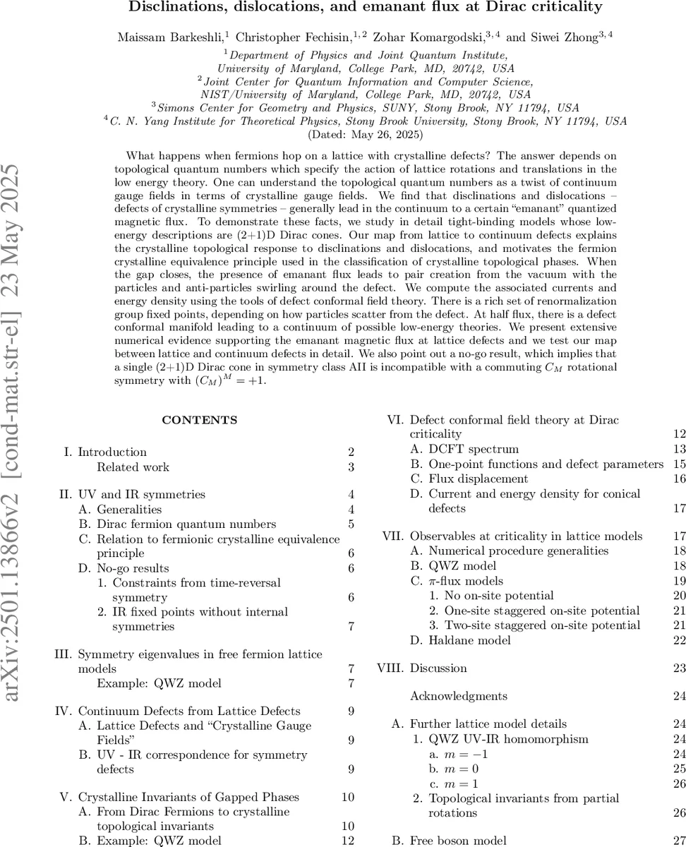 Disclinations, dislocations, and emanant flux at Dirac criticality