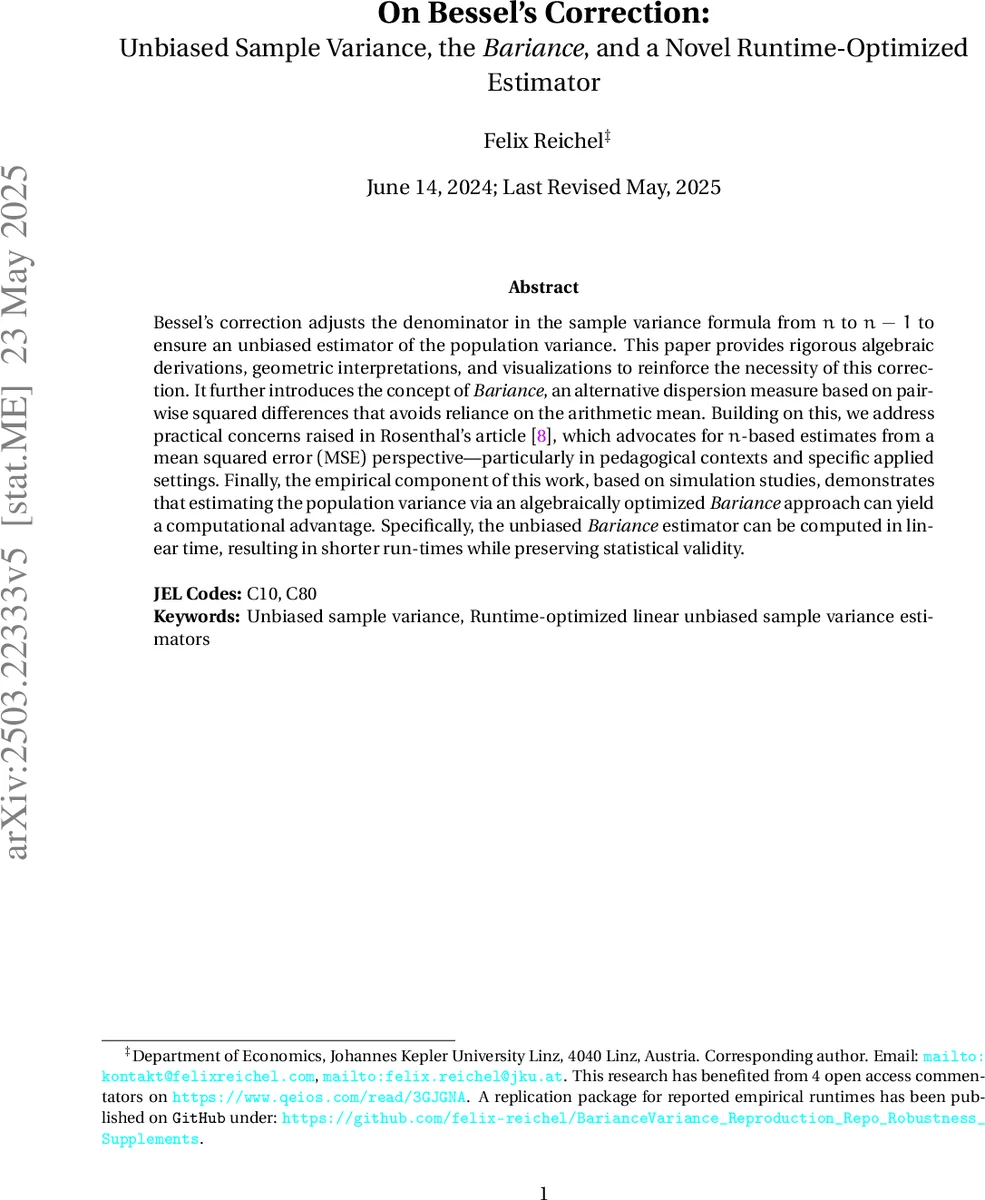 On Bessel's Correction: Unbiased Sample Variance, the Bariance, and a Novel Runtime-Optimized Estimator
