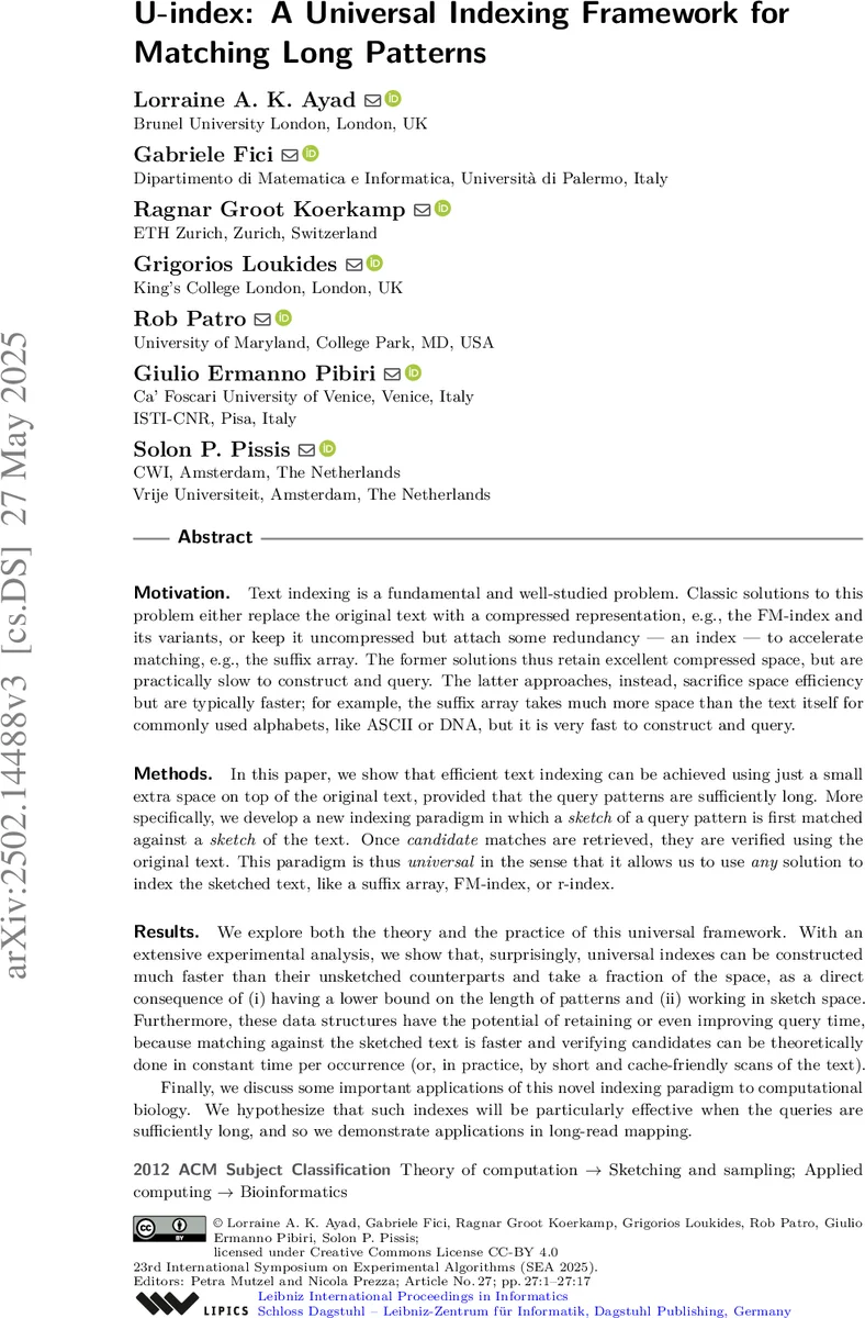 U-index: A Universal Indexing Framework for Matching Long Patterns