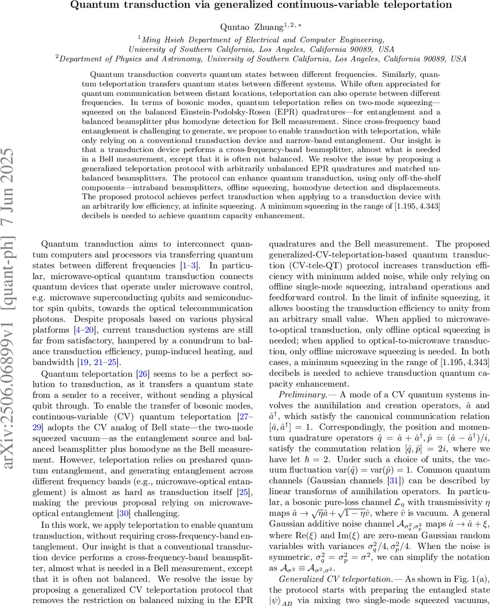 Quantum transduction via generalized continuous-variable teleportation
