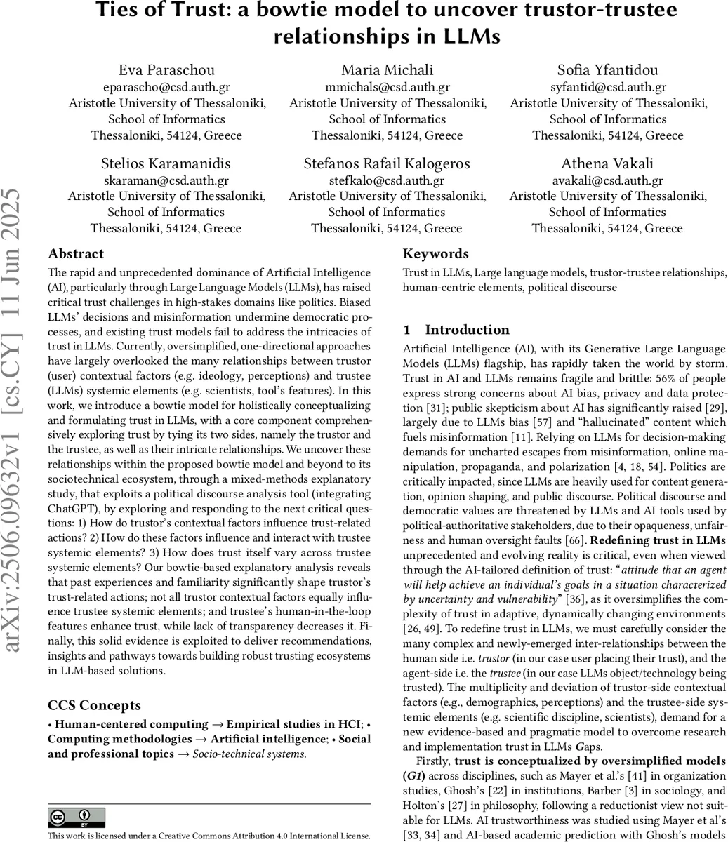 Ties of Trust: a bowtie model to uncover trustor-trustee relationships in LLMs