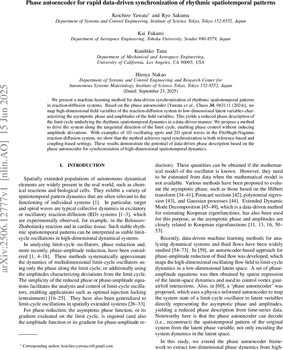 Phase autoencoder for rapid data-driven synchronization of rhythmic spatiotemporal patterns