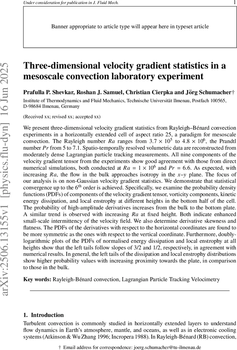 Three-dimensional velocity gradient statistics in a mesoscale convection laboratory experiment