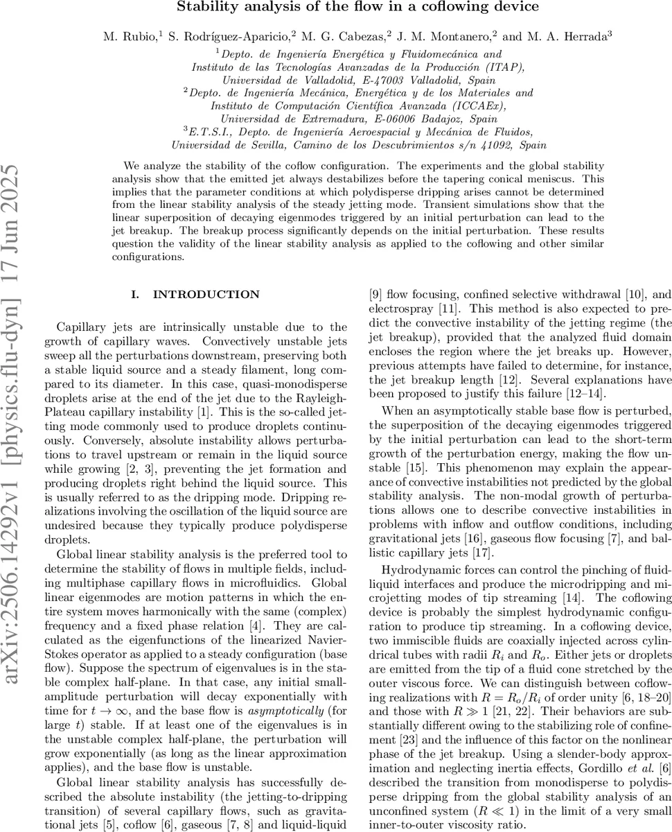 Stability analysis of the flow in a coflowing device