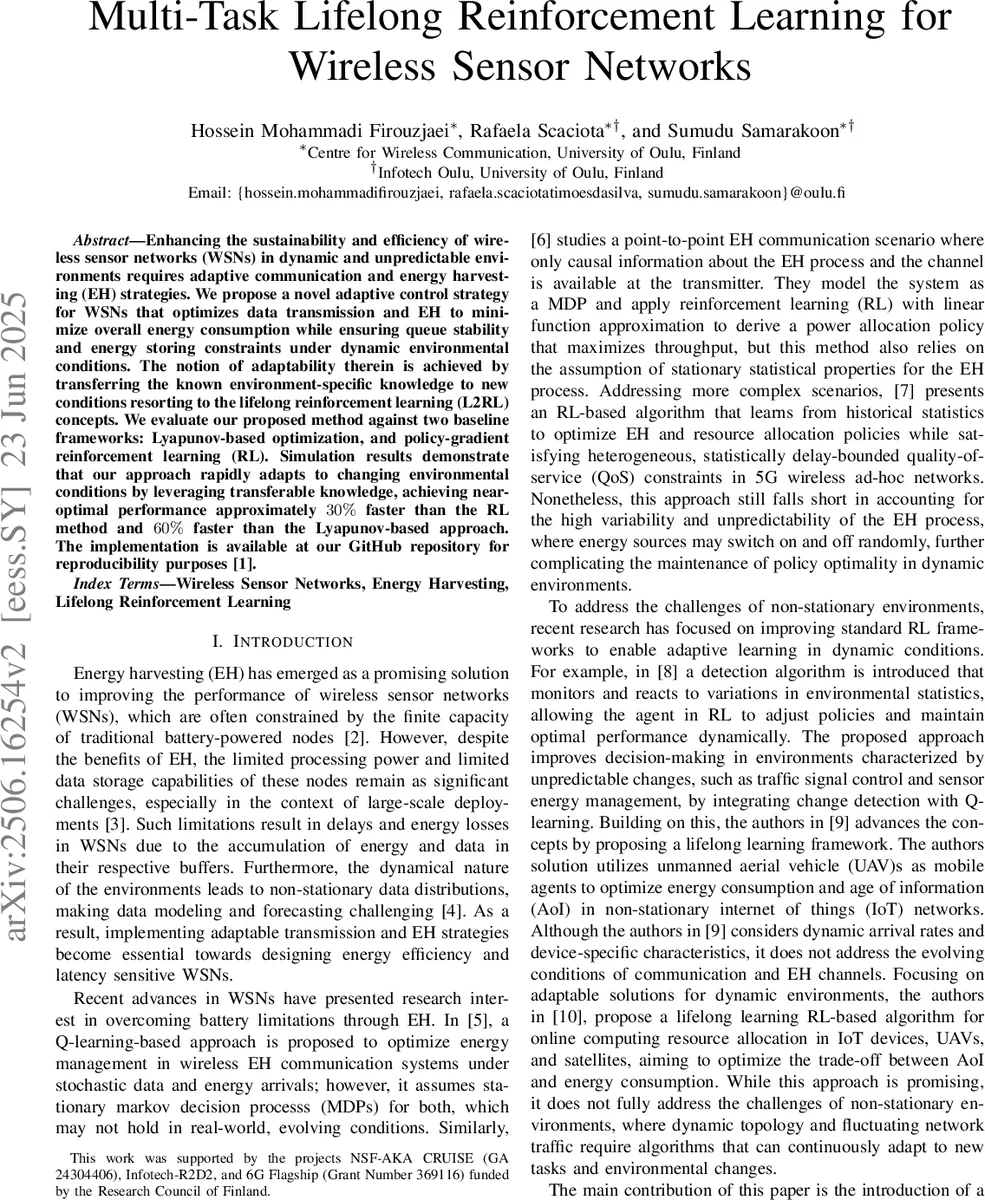 Multi-Task Lifelong Reinforcement Learning for Wireless Sensor Networks
