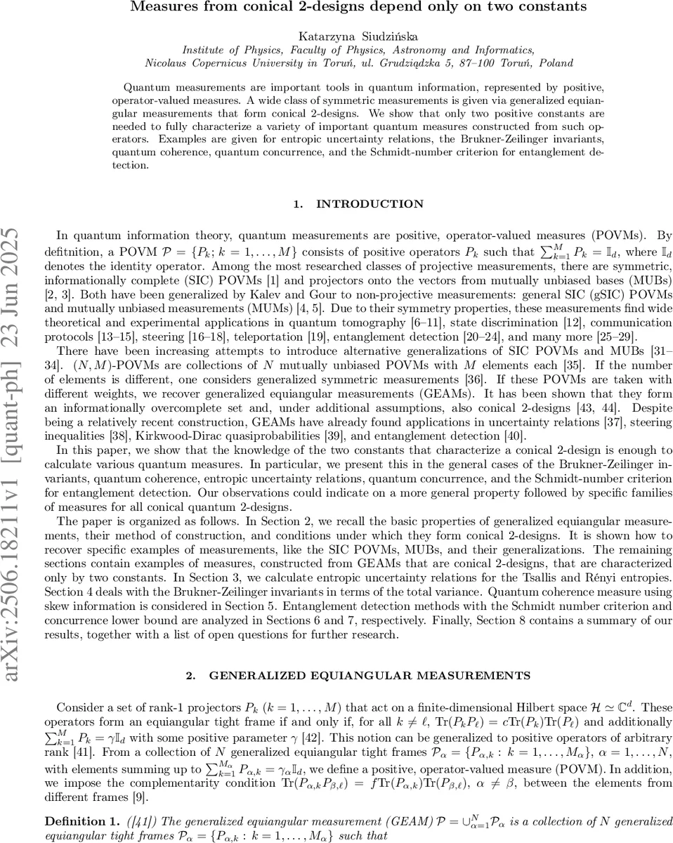 Measures from conical 2-designs depend only on two constants
