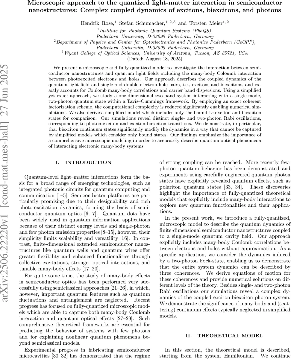 Microscopic approach to the quantized light-matter interaction in semiconductor nanostructures: Complex coupled dynamics of excitons, biexcitons, and photons