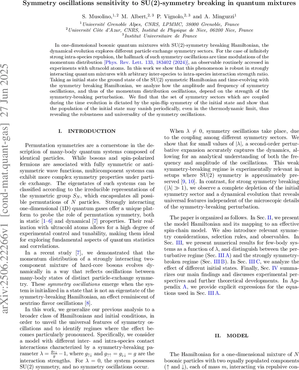 Symmetry oscillations sensitivity to SU(2)-symmetry breaking in quantum mixtures