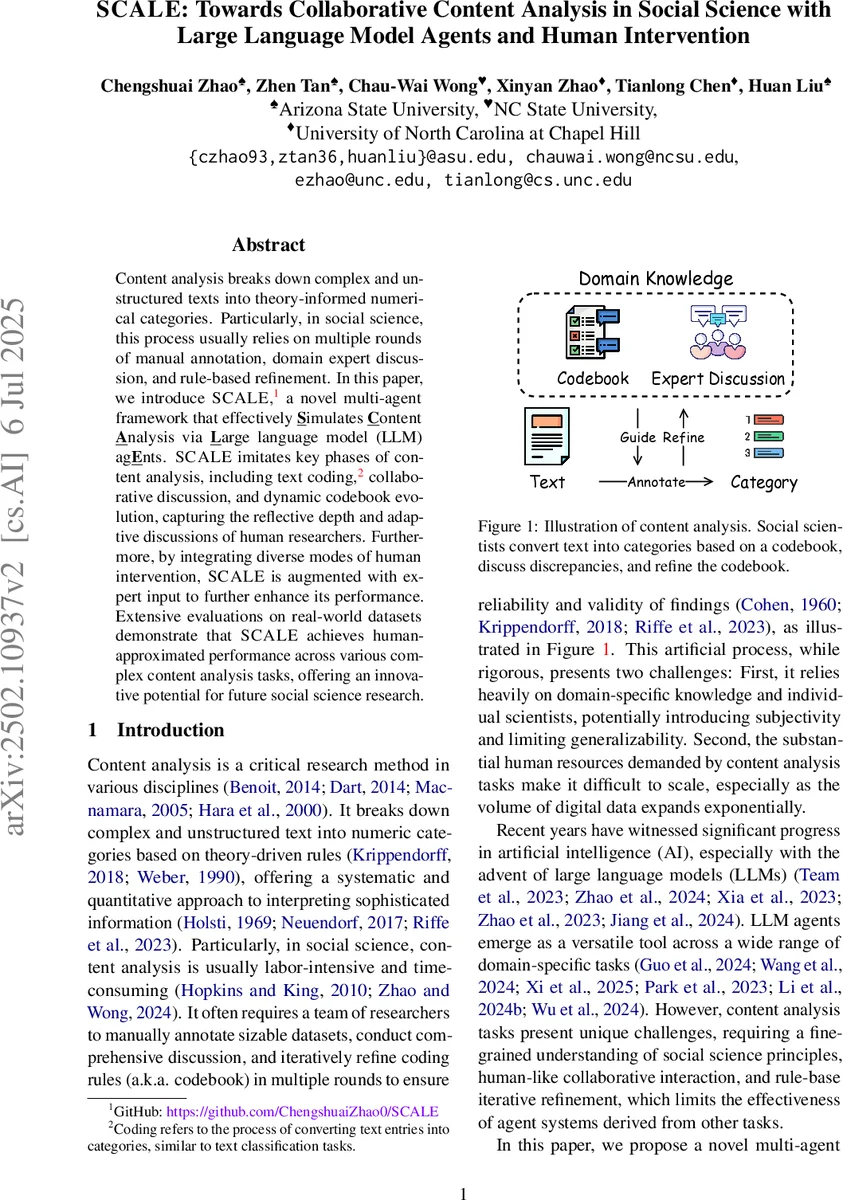 SCALE: Towards Collaborative Content Analysis in Social Science with Large Language Model Agents and Human Intervention