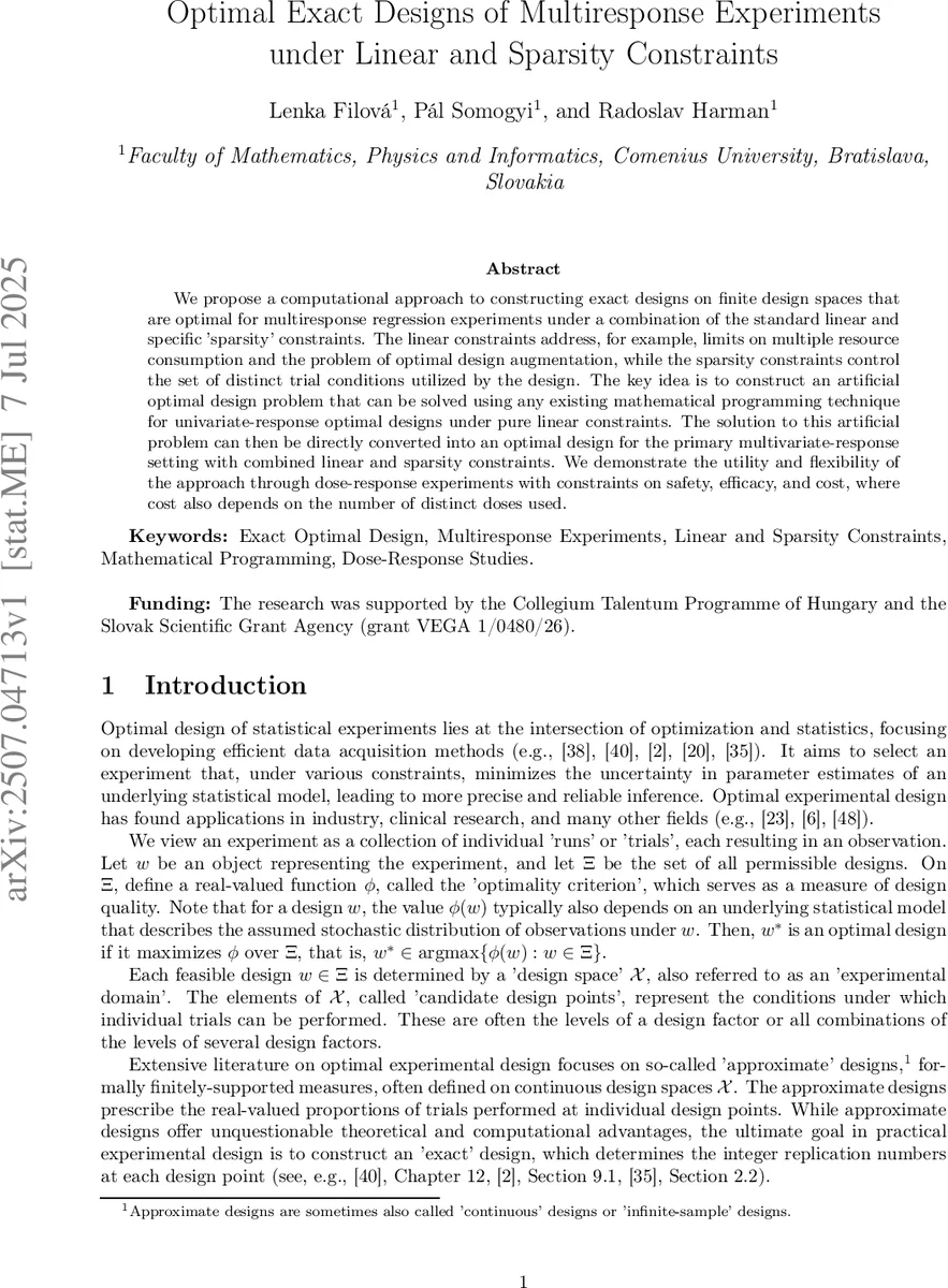 Optimal Exact Designs of Multiresponse Experiments under Linear and Sparsity Constraints
