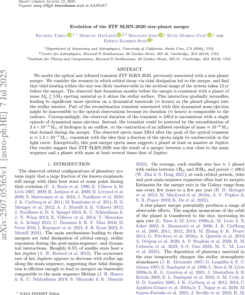 Evolution of the ZTF SLRN-2020 star-planet merger