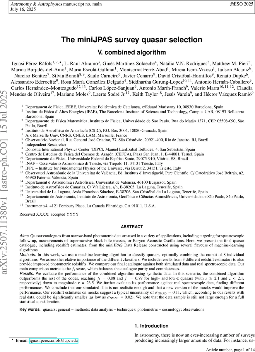 The miniJPAS survey quasar selection V: combined algorithm