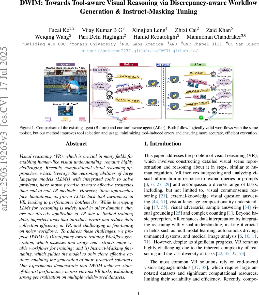 DWIM: Towards Tool-aware Visual Reasoning via Discrepancy-aware Workflow Generation & Instruct-Masking Tuning