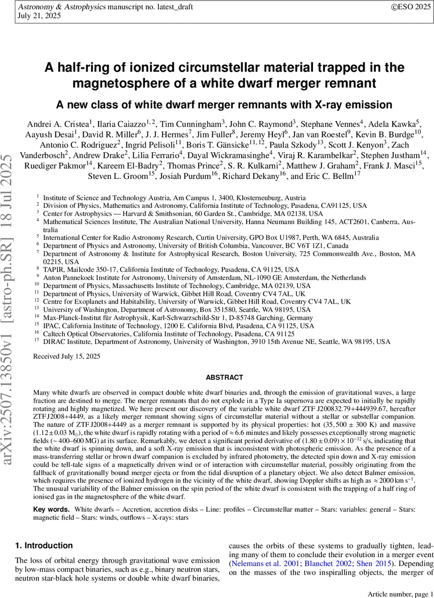 A half-ring of ionized circumstellar material trapped in the magnetosphere of a white dwarf merger remnant