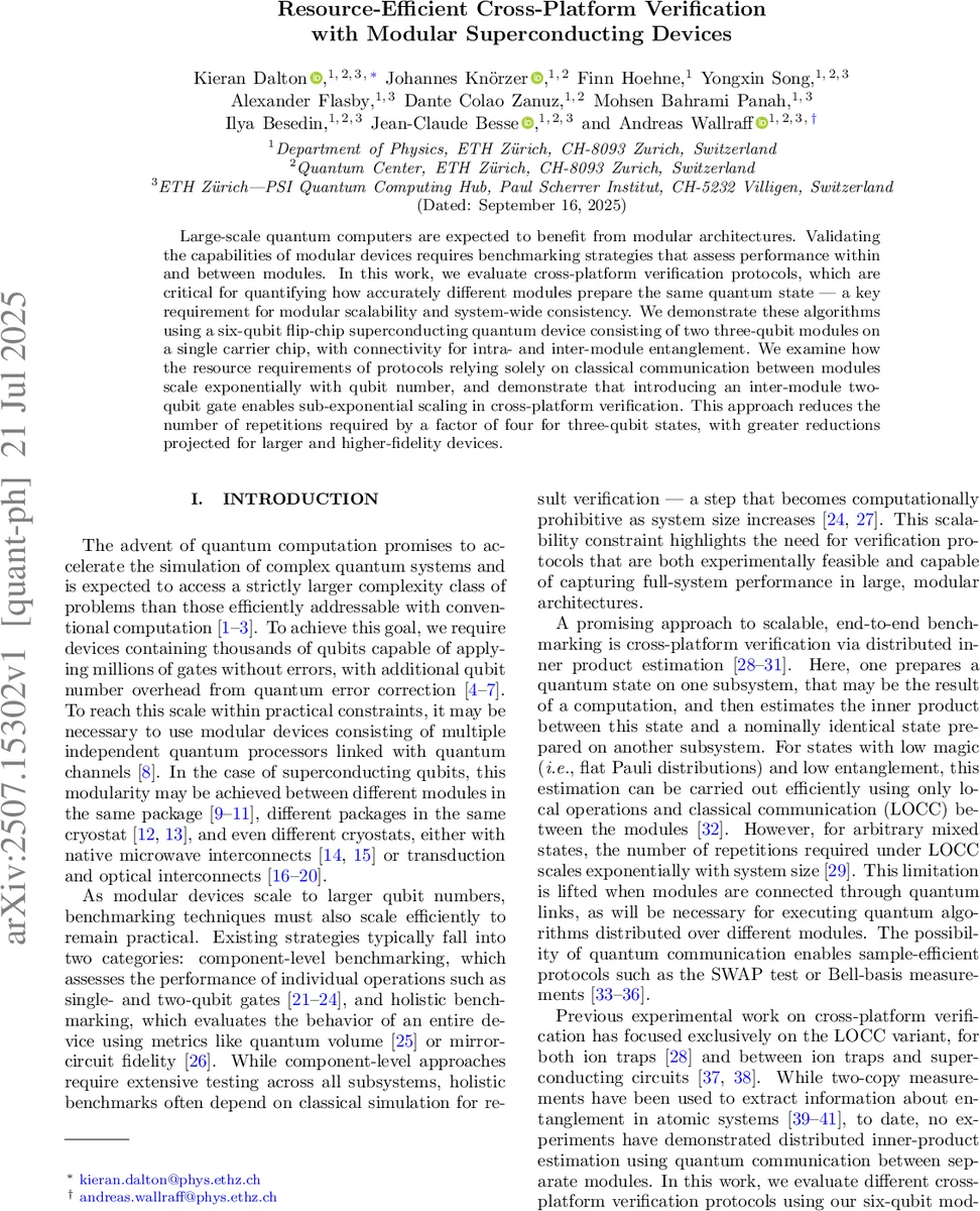Resource-Efficient Cross-Platform Verification with Modular Superconducting Devices