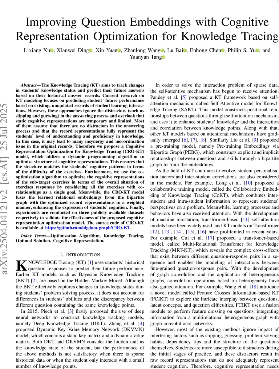 Improving Question Embeddings with Cognitive Representation Optimization for Knowledge Tracing