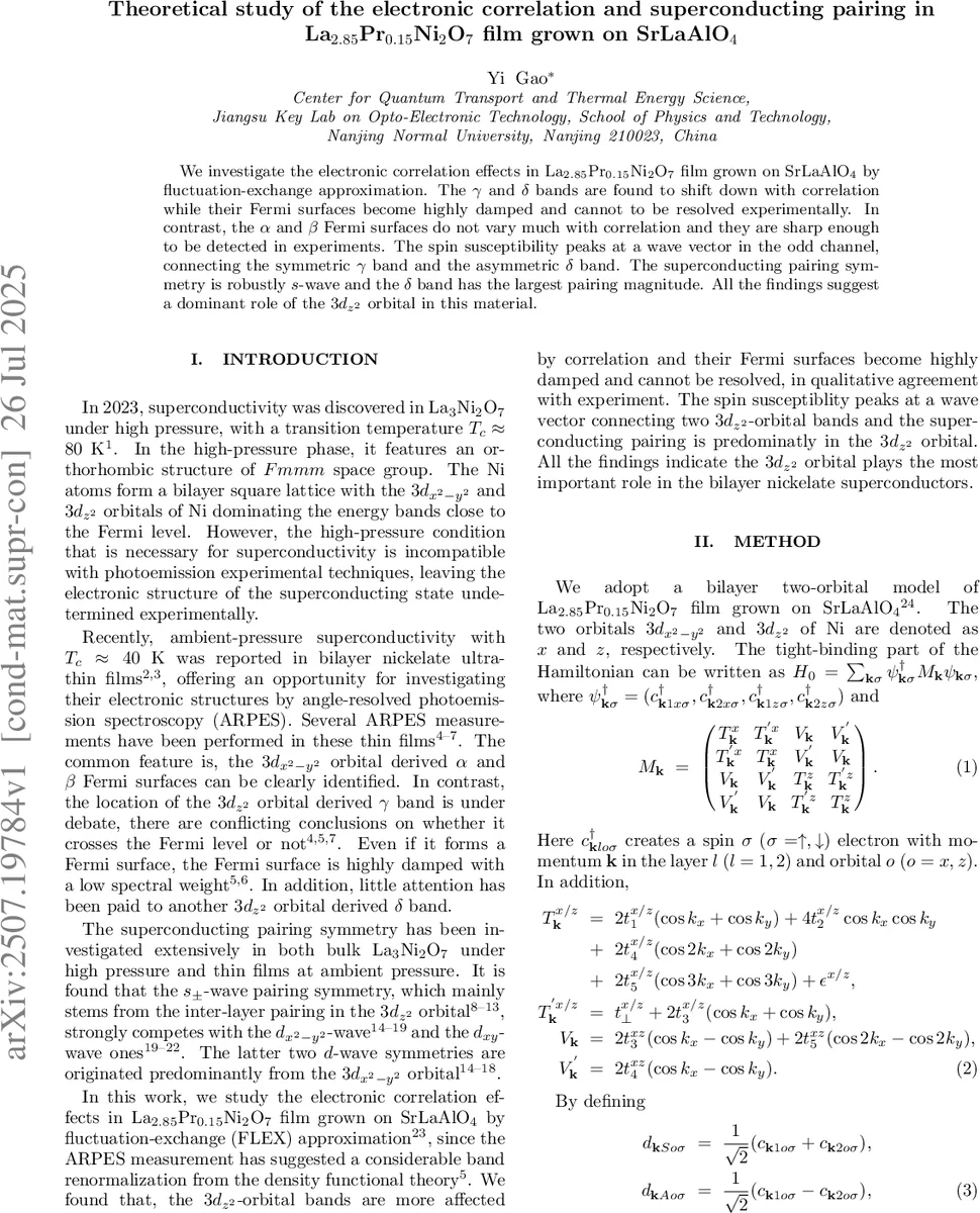 Theoretical study of the electronic correlation and superconducting pairing in La$_{2.85}$Pr$_{0.15}$Ni$_2$O$_7$ film grown on SrLaAlO$_4$