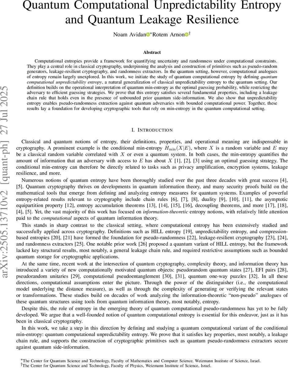 Quantum Computational Unpredictability Entropy and Quantum Leakage Resilience