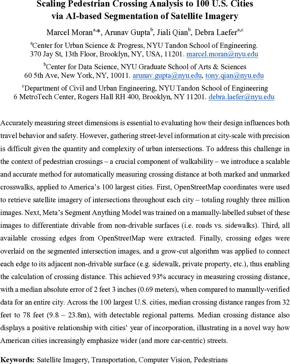 Scaling Pedestrian Crossing Analysis to 100 U.S. Cities via AI-based Segmentation of Satellite Imagery