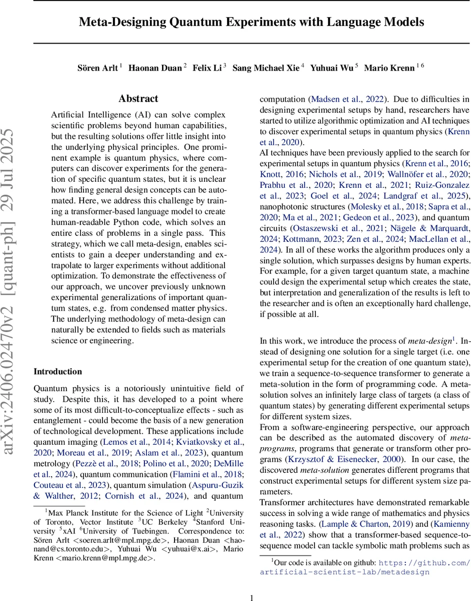 Meta-Designing Quantum Experiments with Language Models
