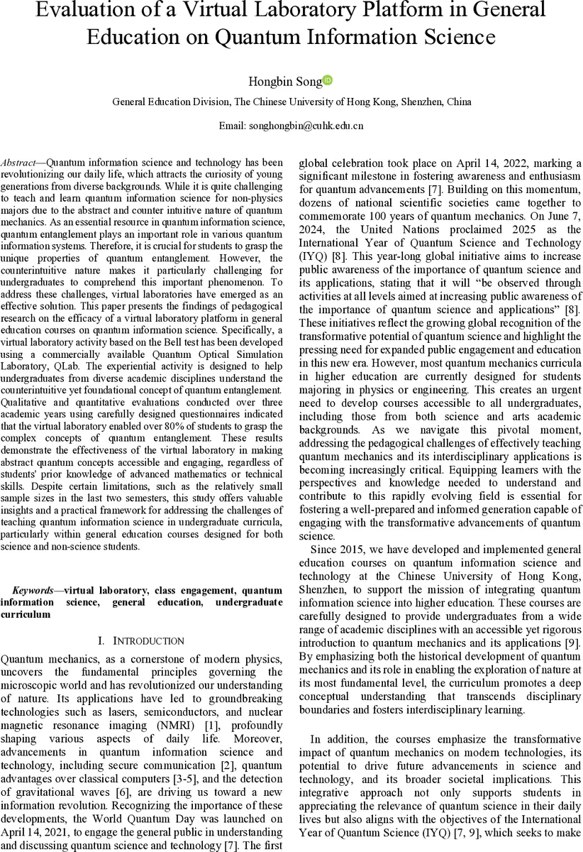 Evaluation of a Virtual Laboratory Platform in General Education on Quantum Information Science