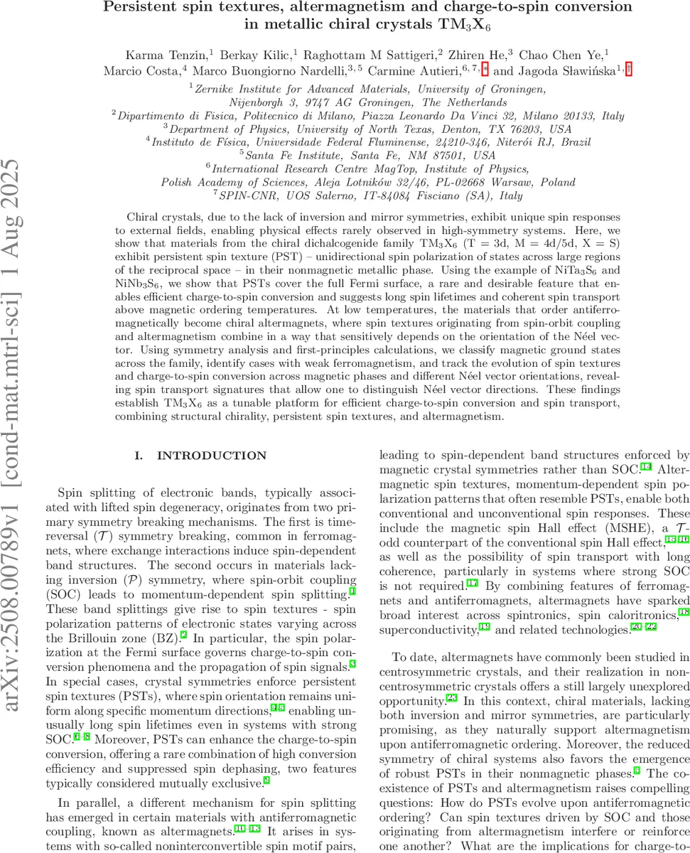 Persistent spin textures, altermagnetism and charge-to-spin conversion in metallic chiral crystals TM$_{3}$X$_{6}$